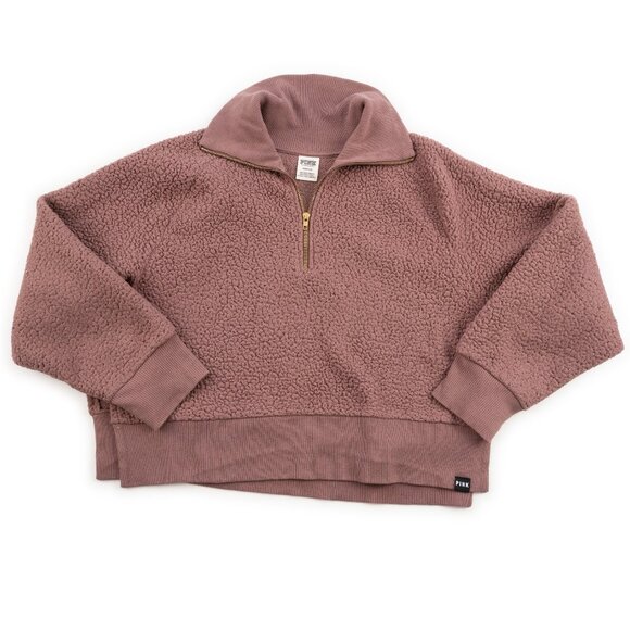 PINK Victoria's Secret mauve 1/4 zip crop sherpa fleece size L - Picture 1 of 8